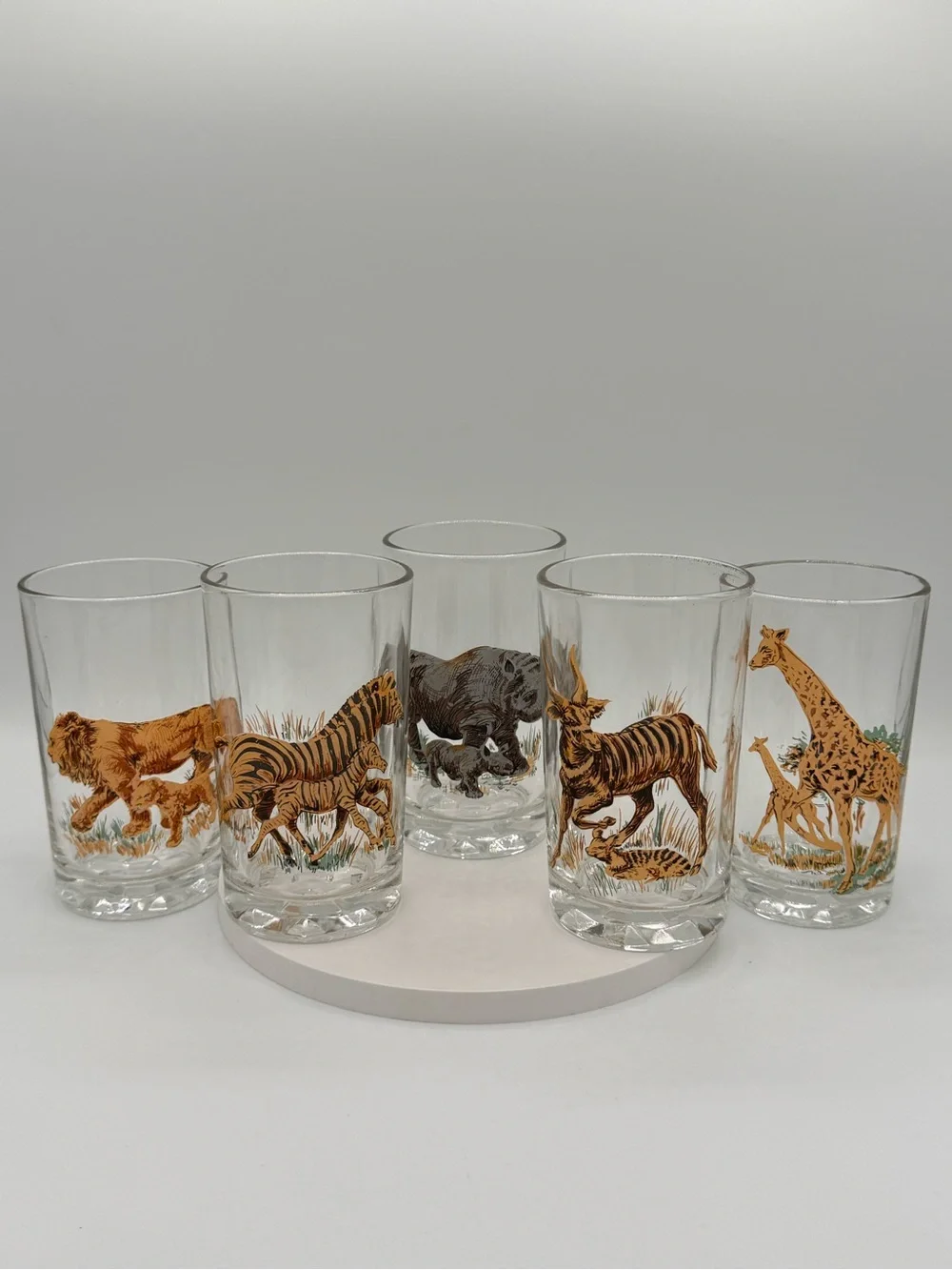 Set of five vintage Pasari glass tumblers with African wildlife decals.